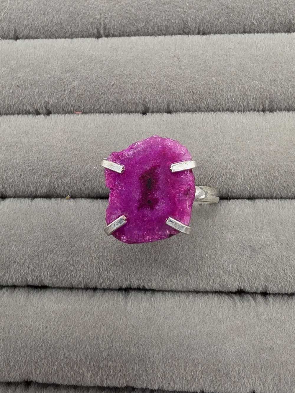 Silver Plated Ring with Vibrant Fuchsia Druzy Stone